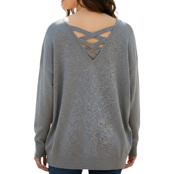 Du Jour Gray Sweater Womens Size L Oversize Drop Shoulder Criss Cross Back - Picture 2 of 8